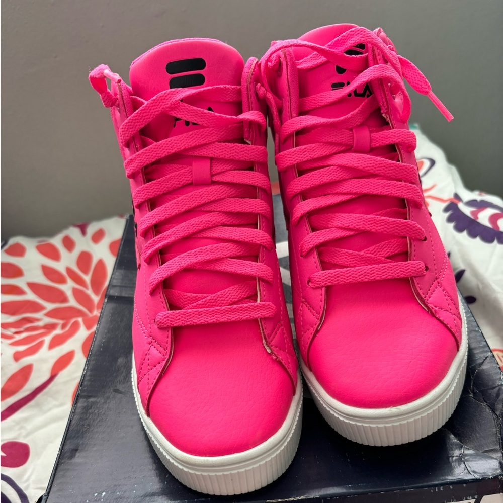 Fila Women's Bright Pink Lace-Up Sneakers with White Sole